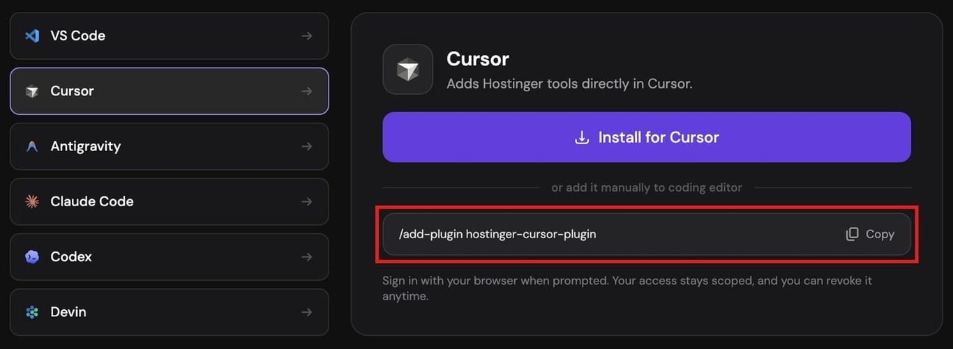 Hostinger Connector setup panel with the Cursor tab selected, showing the Install for Cursor button and the /add-plugin hostinger-cursor-plugin command highlighted for the agent chat