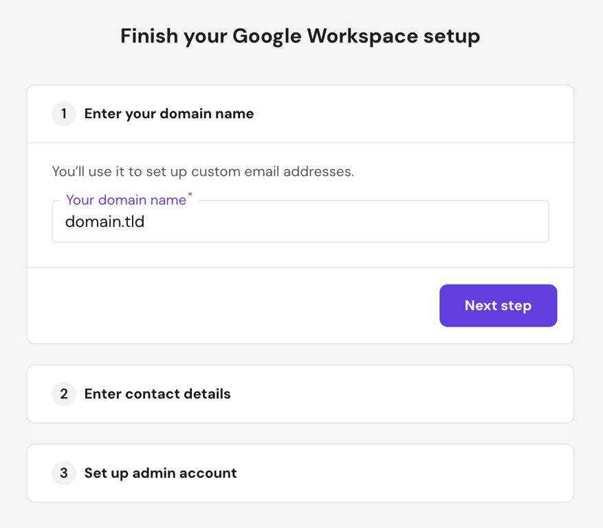 hPanel Finish your Google Workspace setup wizard showing three steps: enter your domain name, enter contact details, and set up admin account