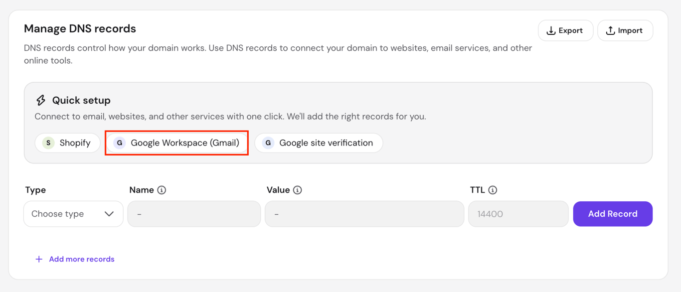 hPanel Manage DNS records section showing the Quick setup area with the Google Workspace (Gmail) button highlighted
