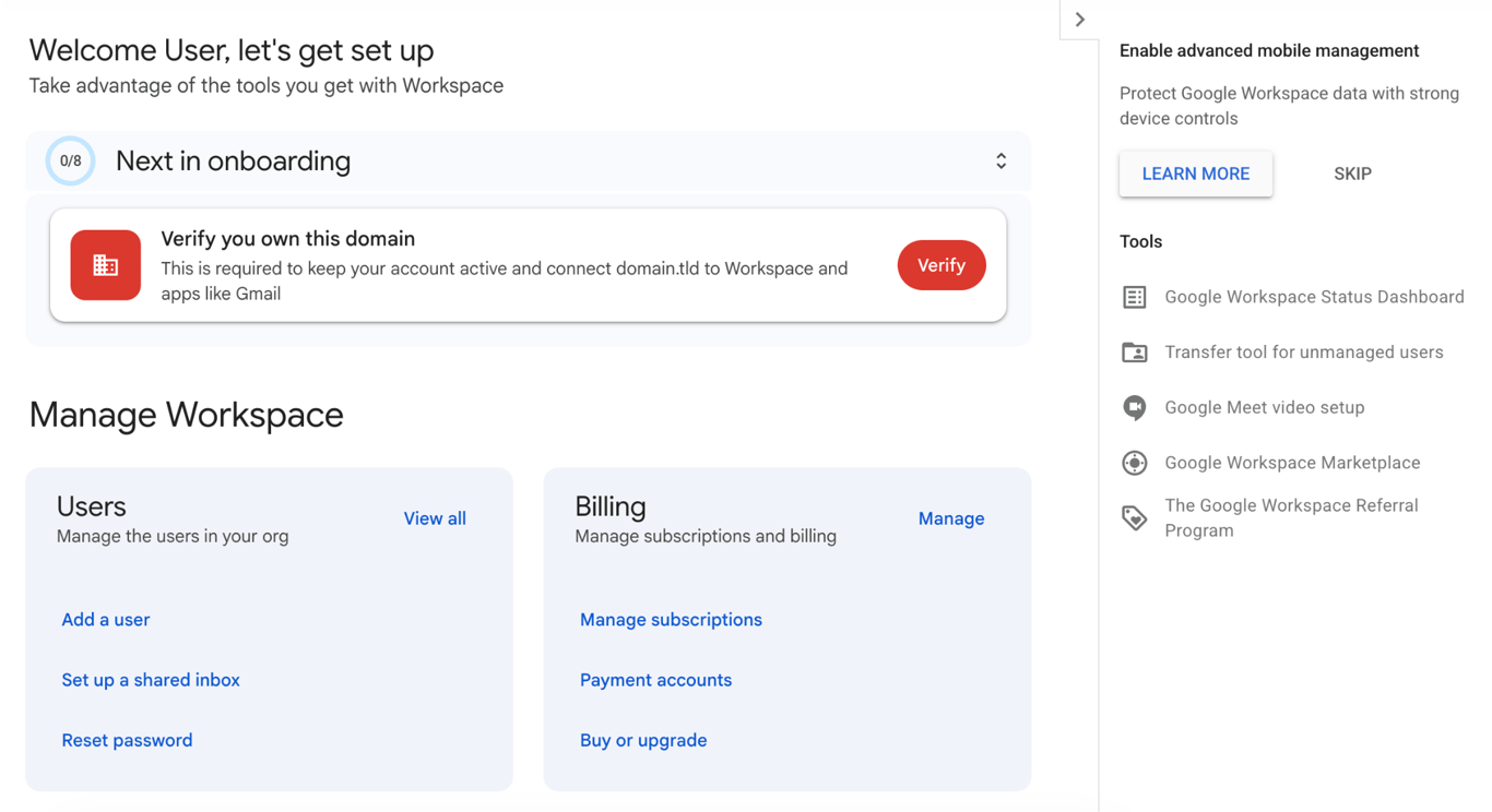 Google Admin console onboarding panel showing the Verify you own this domain card with the red Verify button