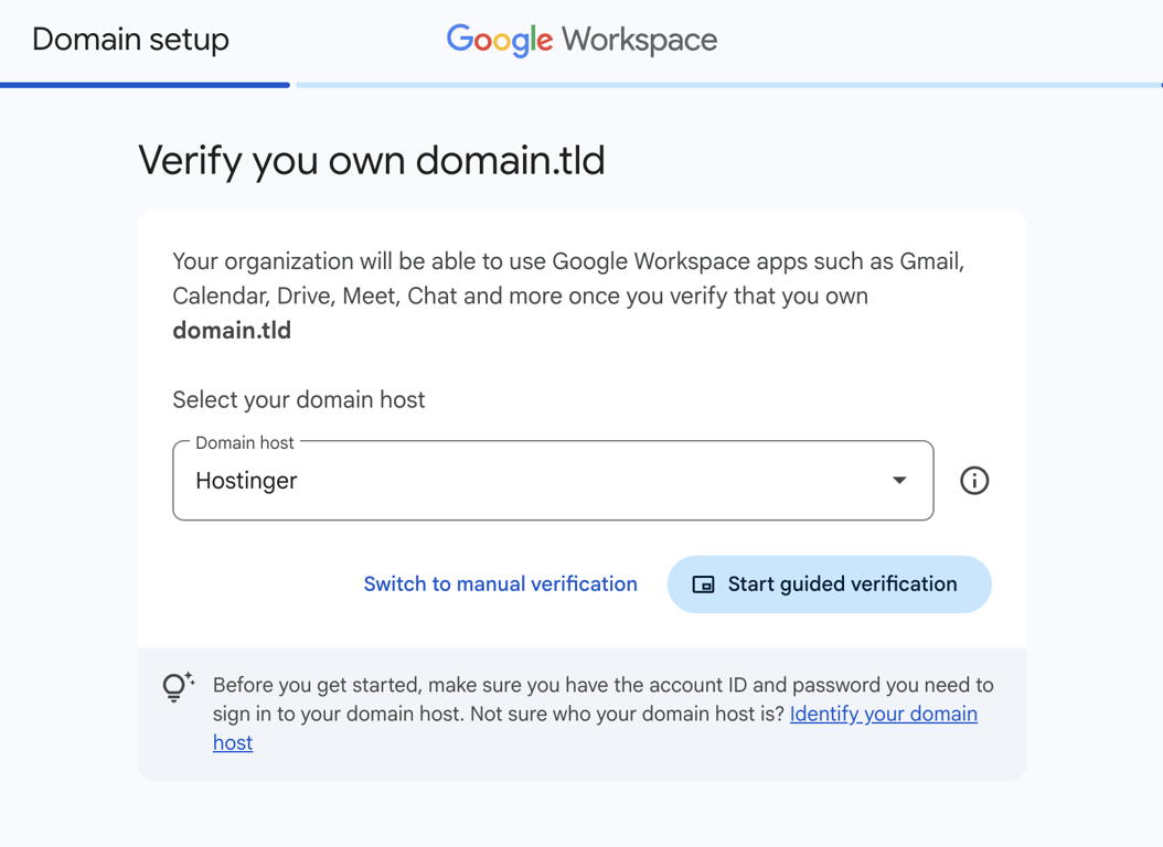 Google Workspace domain verification page showing Hostinger selected in the Domain host dropdown with Start guided verification and Switch to manual verification buttons