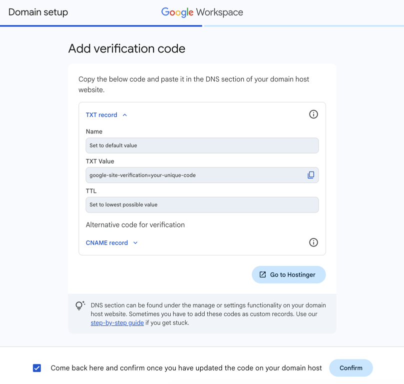 Google Workspace Add verification code page showing the TXT record value with a Confirm button at the bottom