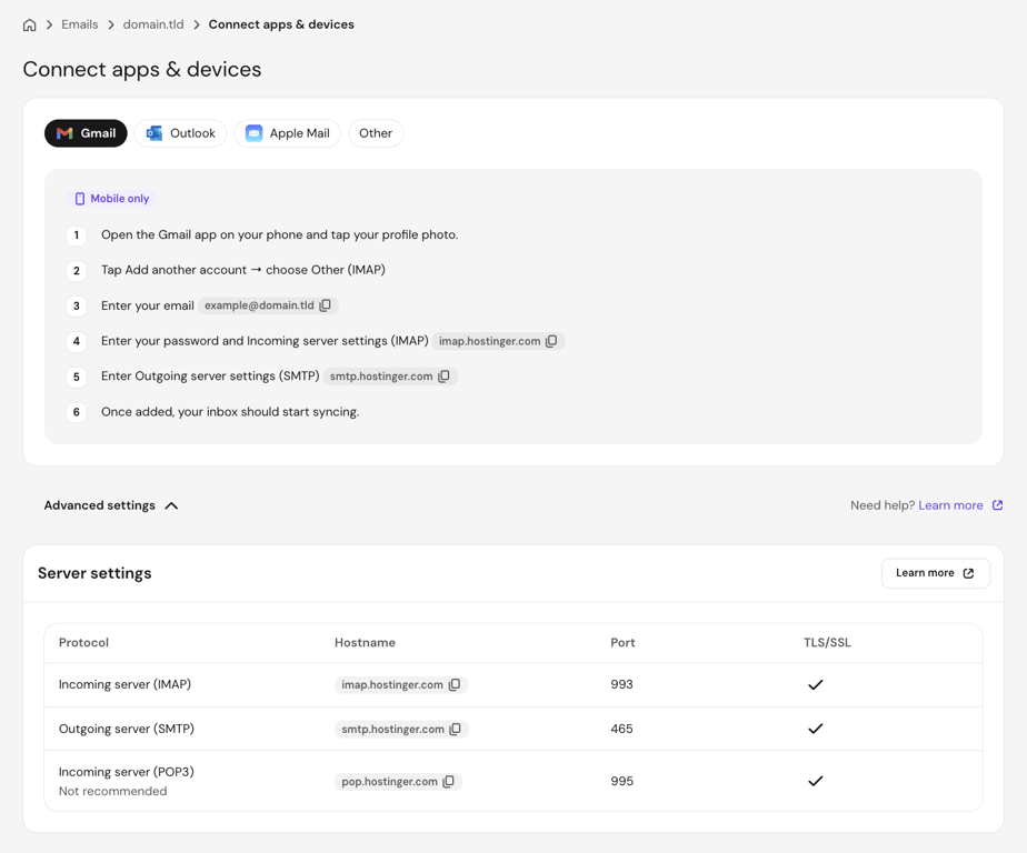hPanel Connect apps and devices page showing the Gmail tab with Advanced settings expanded and the IMAP and SMTP server details table