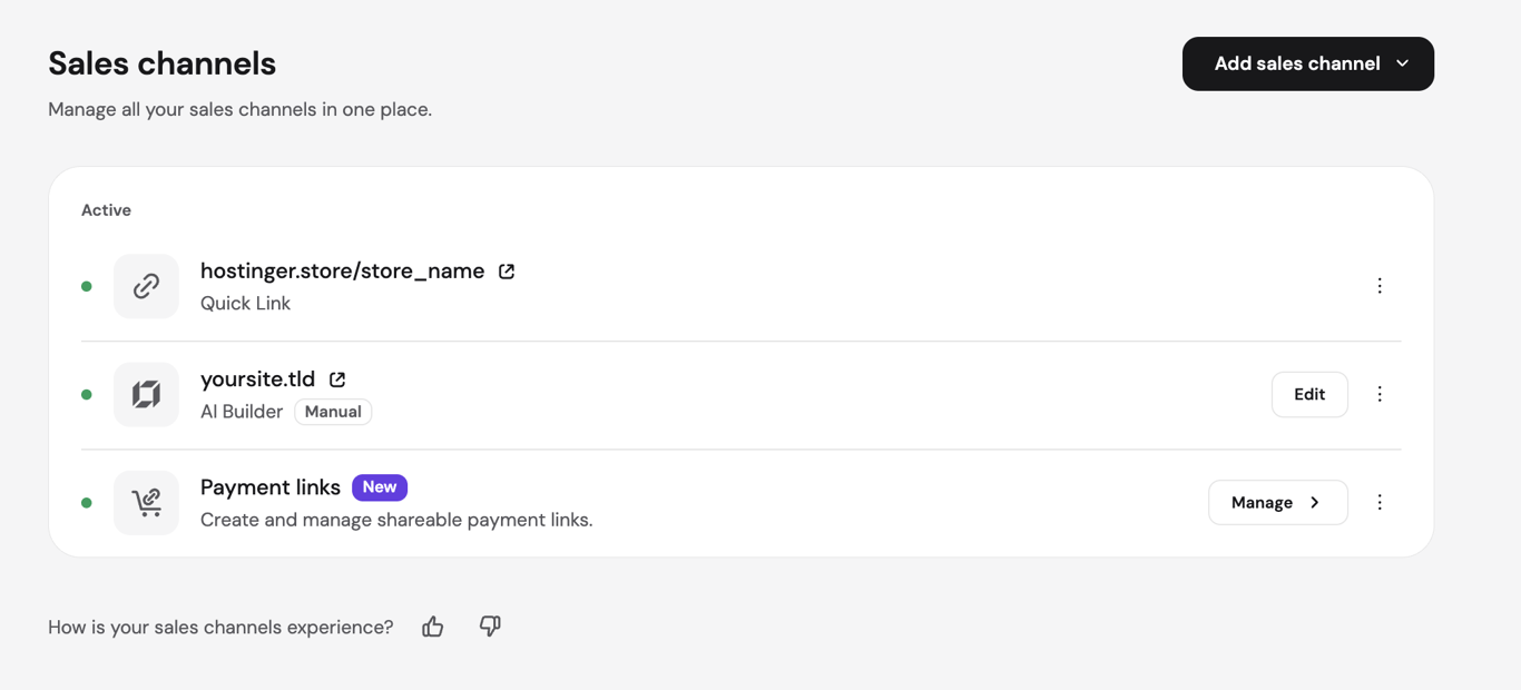 Hostinger Ecommerce Sales channels page listing a Quick Link store, an AI Builder website, and Payment links as active sales channels