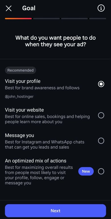 Instagram Boost post Goal screen with Visit your profile preselected as the recommended goal and Visit your website listed below it