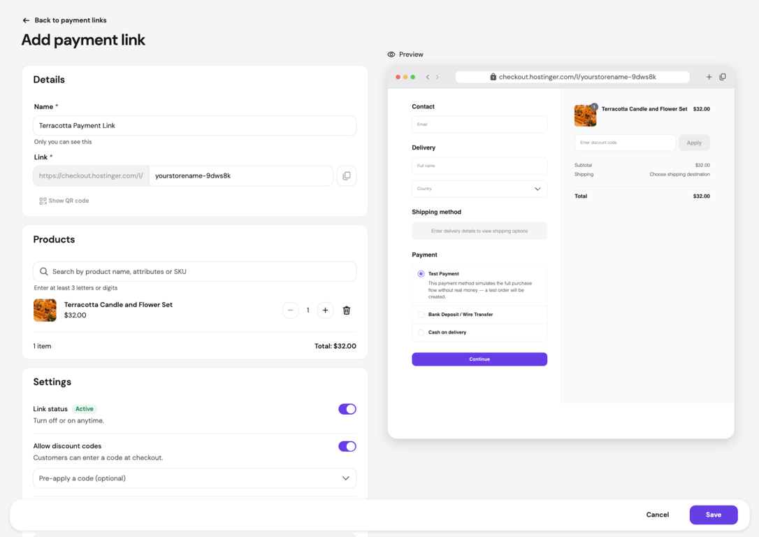 Hostinger Ecommerce Add payment link form with the Terracotta Candle and Flower Set added and a checkout preview showing contact, delivery, and payment fields
