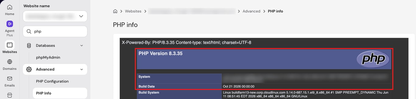 Hostinger dashboard PHP Info page showing PHP Version 8.3.35 and a Build Date of Oct 21 2026