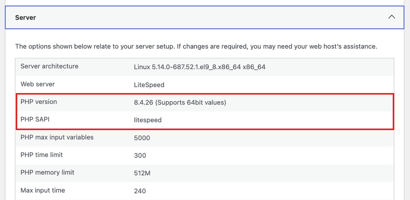 WordPress Site Health Info tab with the Server section showing PHP version 8.4.26 and PHP SAPI litespeed