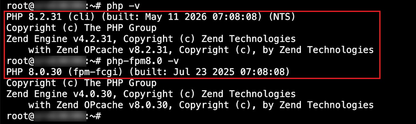 Terminal on a VPS showing php -v returning PHP 8.2.31 for the command line and php-fpm8.0 -v returning PHP 8.0.30