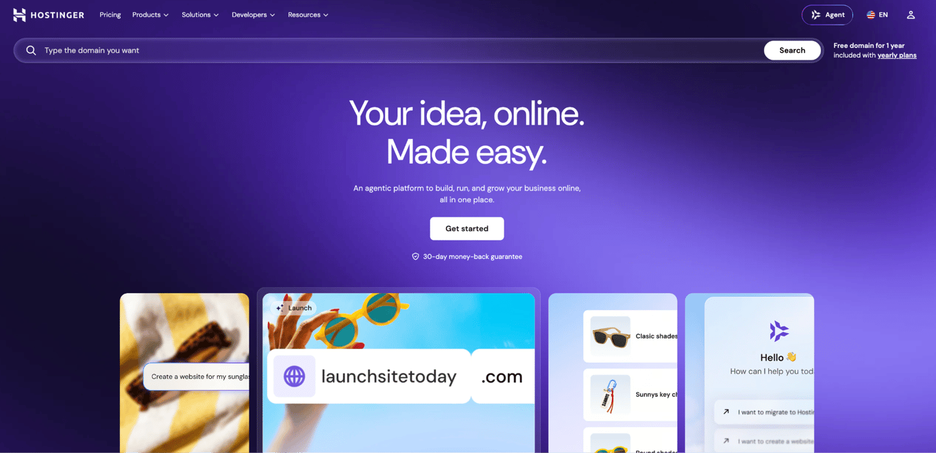 Hostinger homepage with the tagline Your idea, online. Made easy., a domain search bar, and a Get started button with a 30-day money-back guarantee.