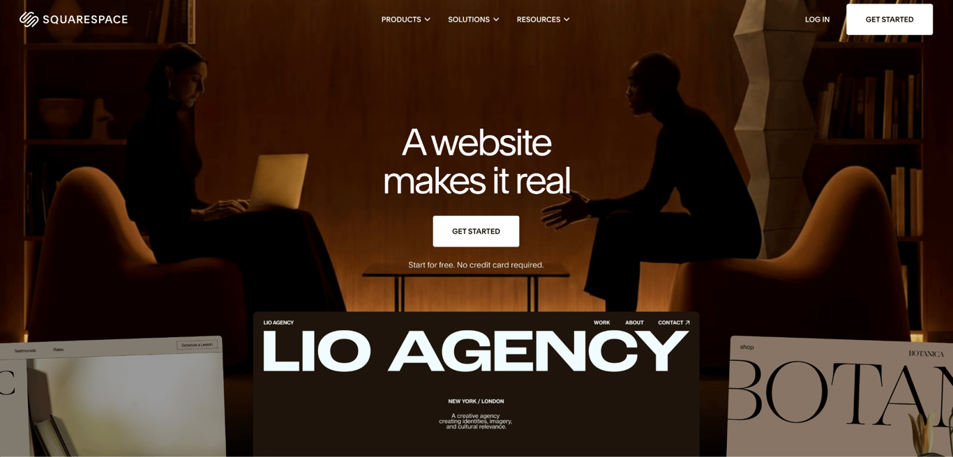 Squarespace homepage with the headline A website makes it real above examples of websites built with its templates.