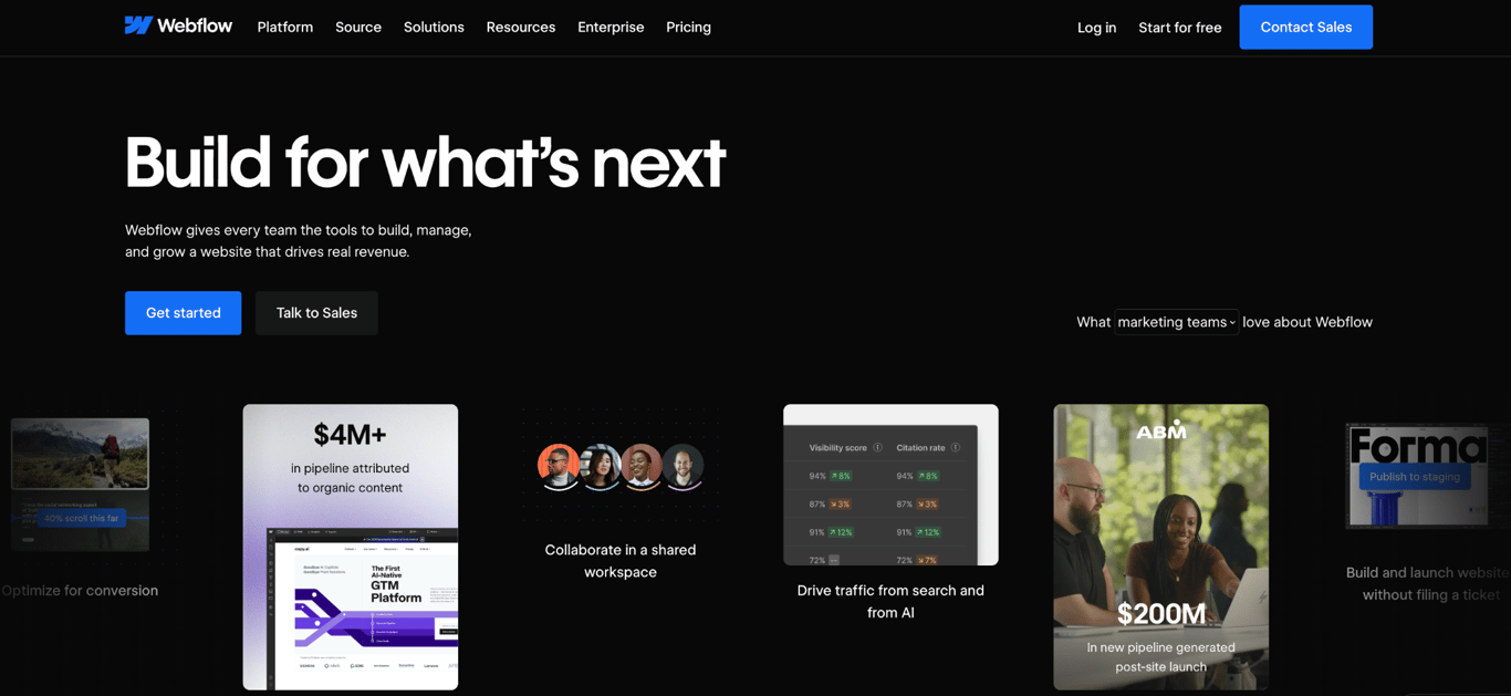 Webflow homepage with the headline Build for what's next and cards showing results from marketing teams using the platform.