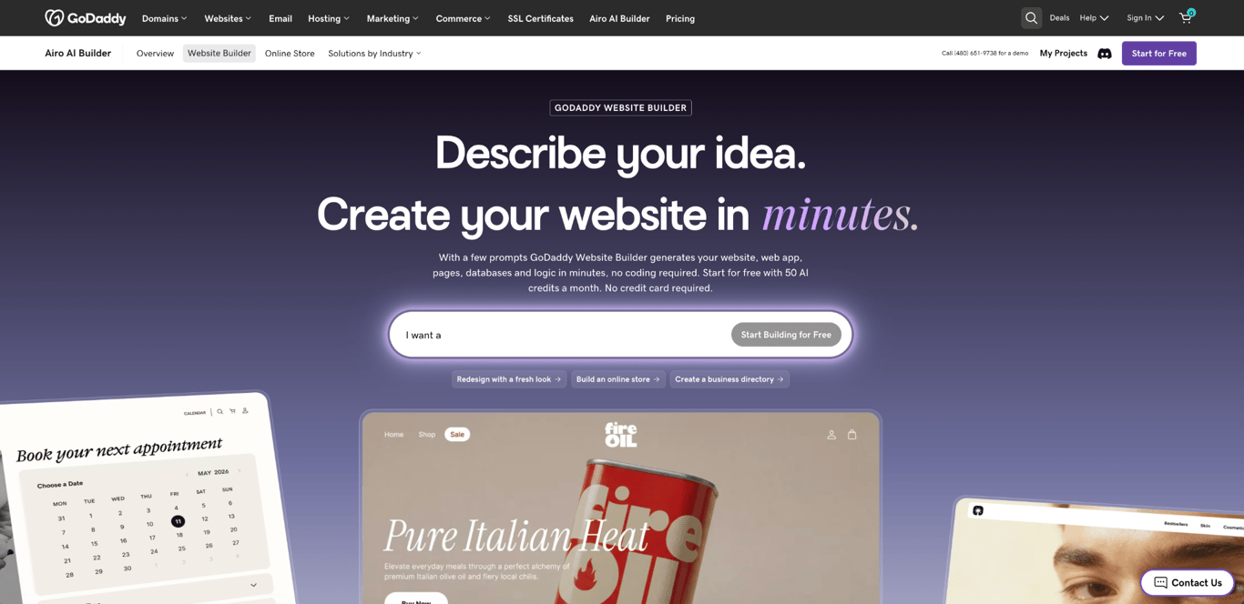 GoDaddy Website Builder page inviting users to describe their idea in a prompt field and start building a website for free.