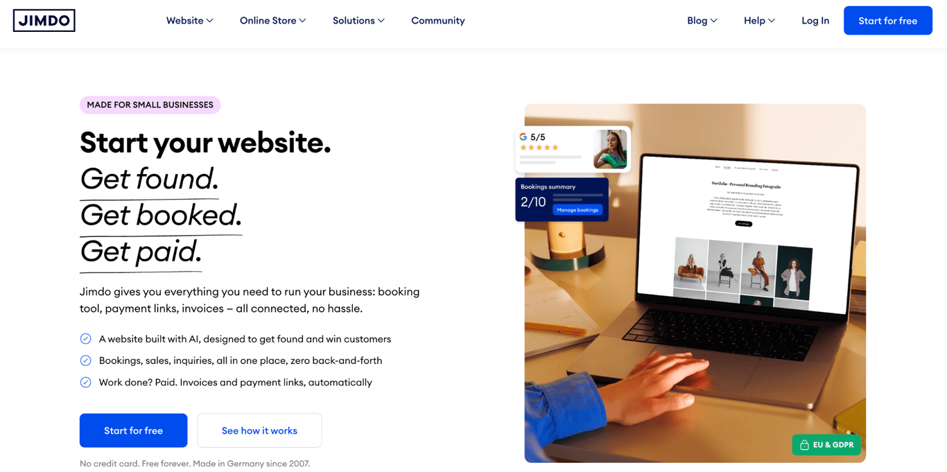 Jimdo homepage with the headline Start your website. Get found. Get booked. Get paid. next to a portfolio site with booking notifications.