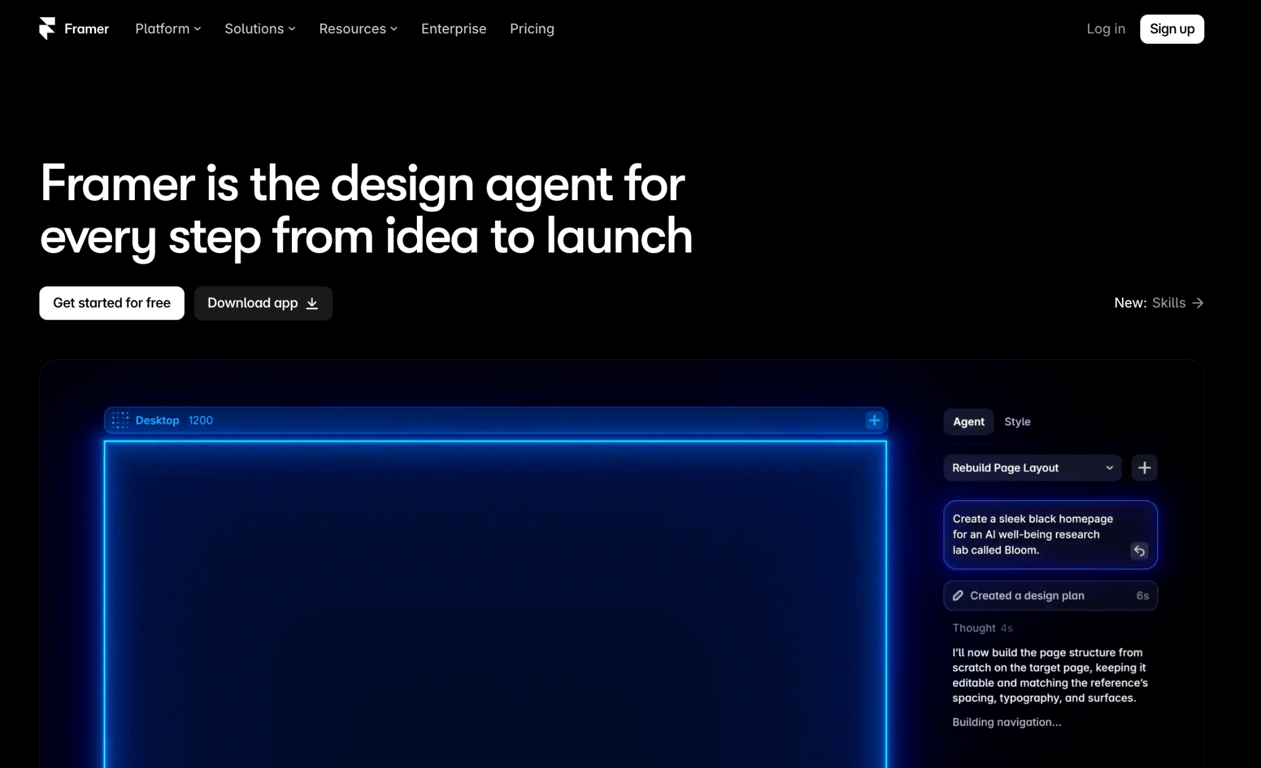 Framer homepage describing it as a design agent for every step from idea to launch, next to an AI agent panel building a page.
