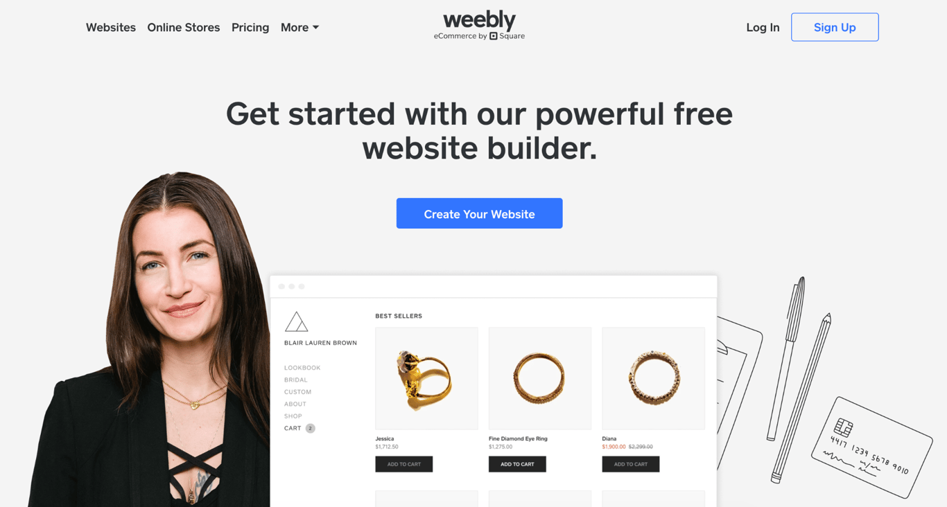 Weebly homepage promoting its free website builder above a sample online jewelry store with add to cart buttons.