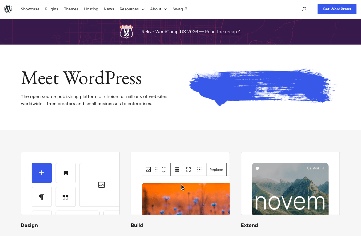 WordPress.org homepage introducing the open source publishing platform with Design, Build, and Extend sections.