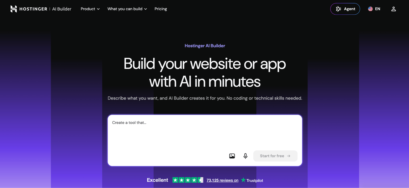 Hostinger AI Builder homepage with a prompt box for describing the website or app you want to build