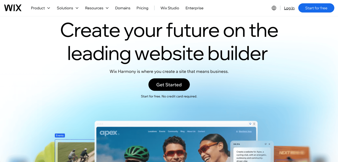 Wix homepage with a Get Started button above an example site built with Wix and its AI chat assistant
