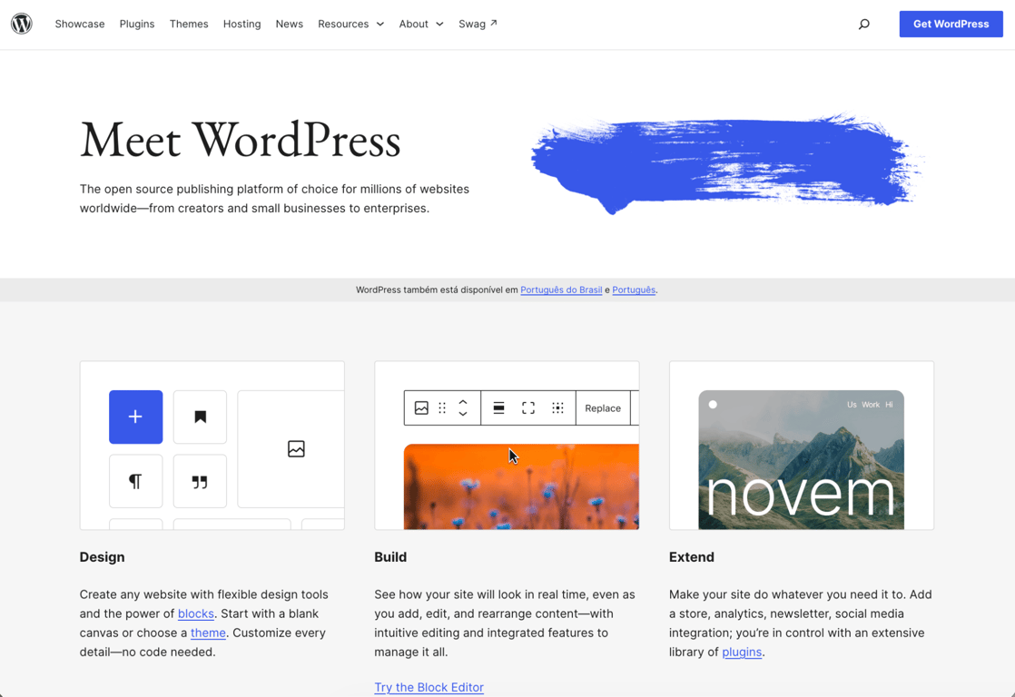 WordPress.org homepage with Design, Build, and Extend sections showing block editor tools and a theme preview