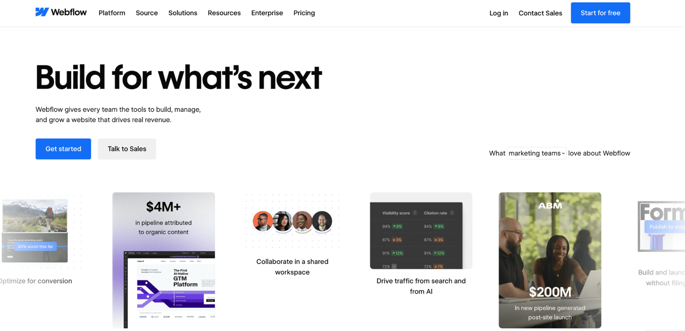 Webflow homepage with Get started and Talk to Sales buttons above cards showing analytics and collaboration features