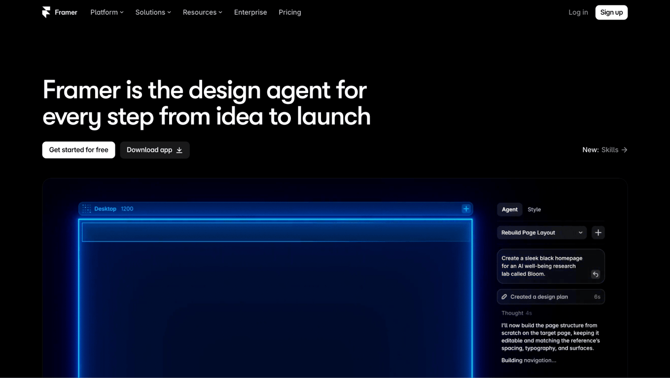 Framer homepage showing its AI design agent building a homepage layout on the Framer canvas