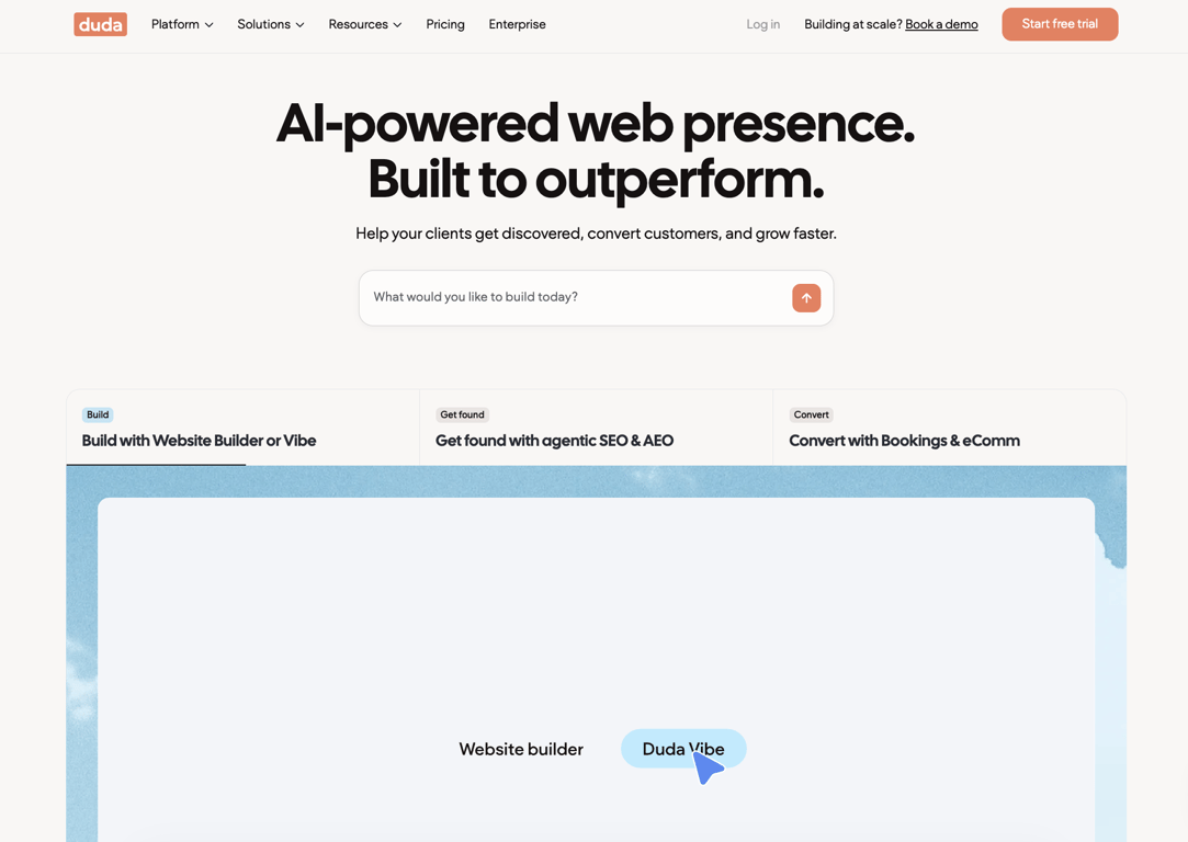 Duda homepage with an AI prompt box and options to build with Duda's website builder or Duda Vibe