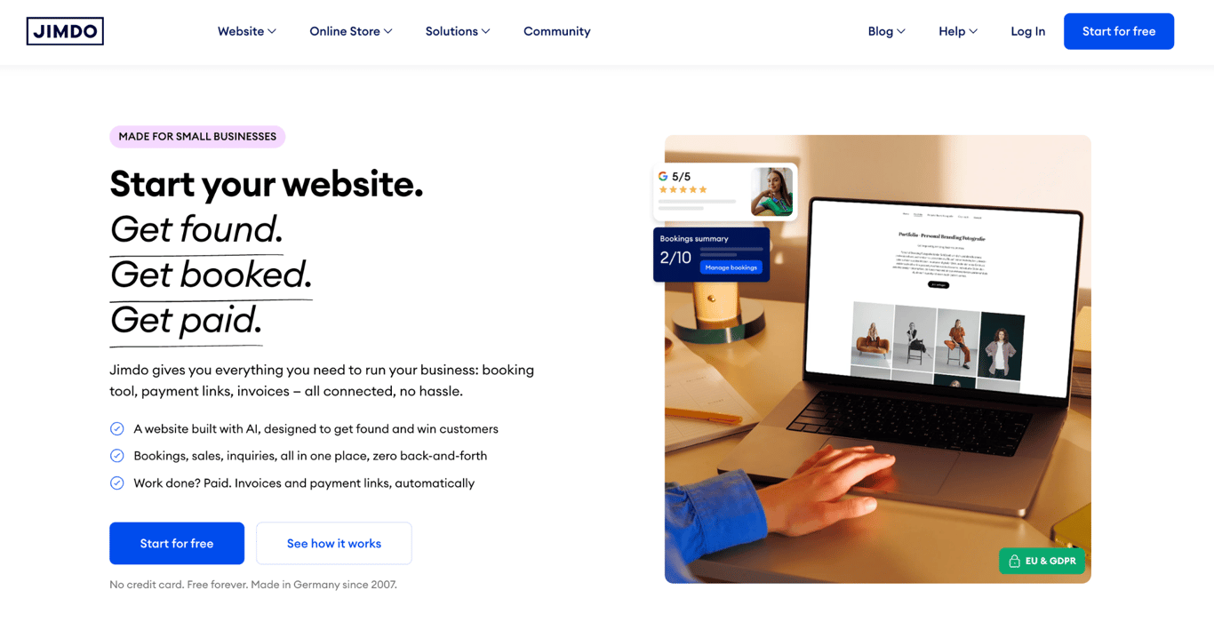 Jimdo homepage for small businesses listing AI website, booking, and payment features next to a laptop showing a portfolio site