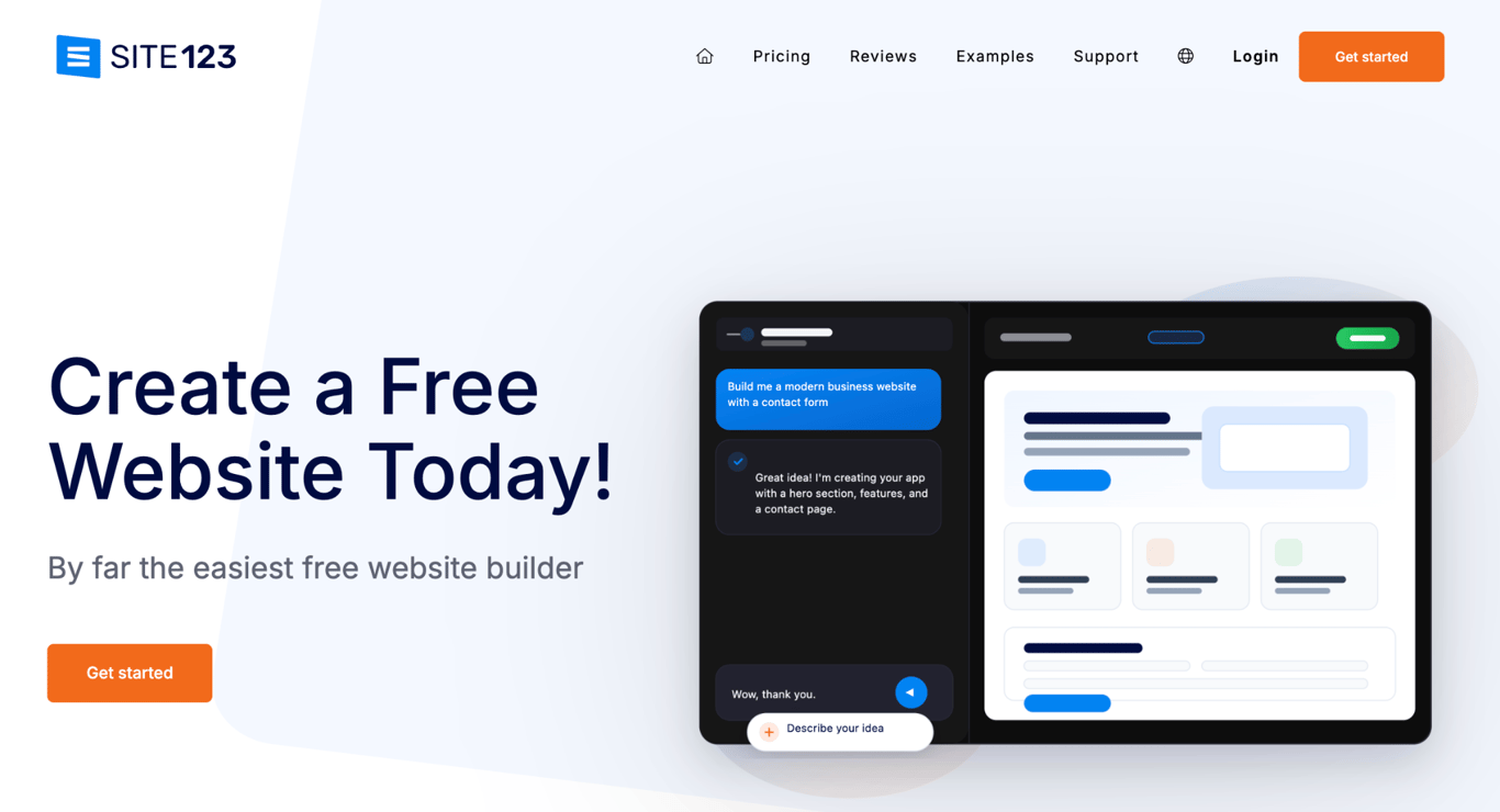 SITE123 homepage with a free website builder headline and an AI chat panel building a business website with a contact form