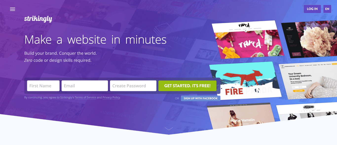 Strikingly homepage with a free sign-up form next to example websites built with Strikingly