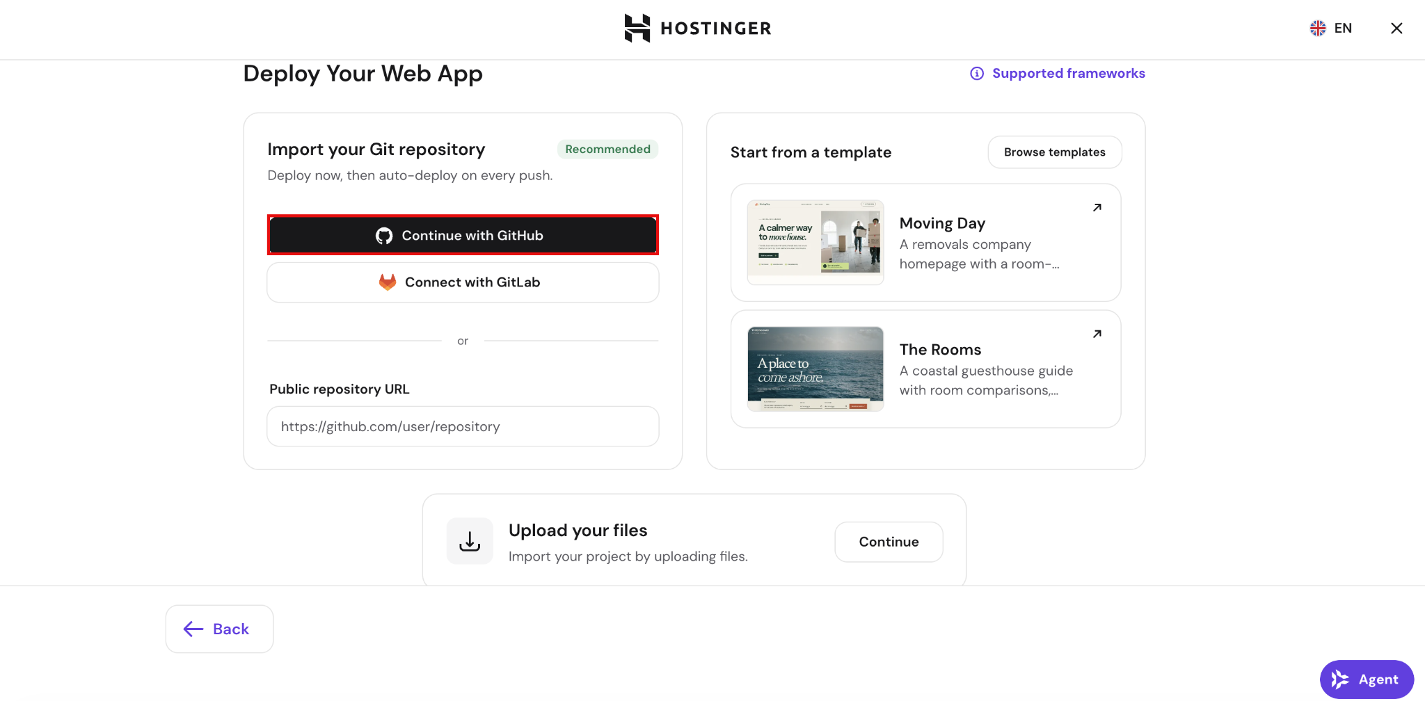 How to deploy from GitHub - 5 Hostinger web app deployment display alongside options to nexus GitHub, GitLab, or act a community repository URL.