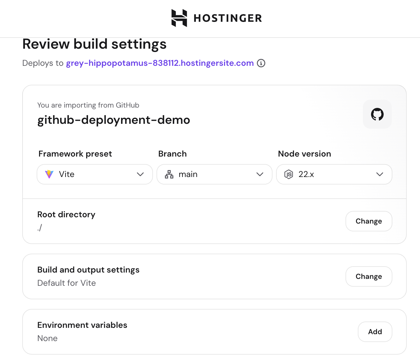 How to deploy from GitHub 7 Hostinger build settings showing Vite as the detected example and chief as the deployment branch.