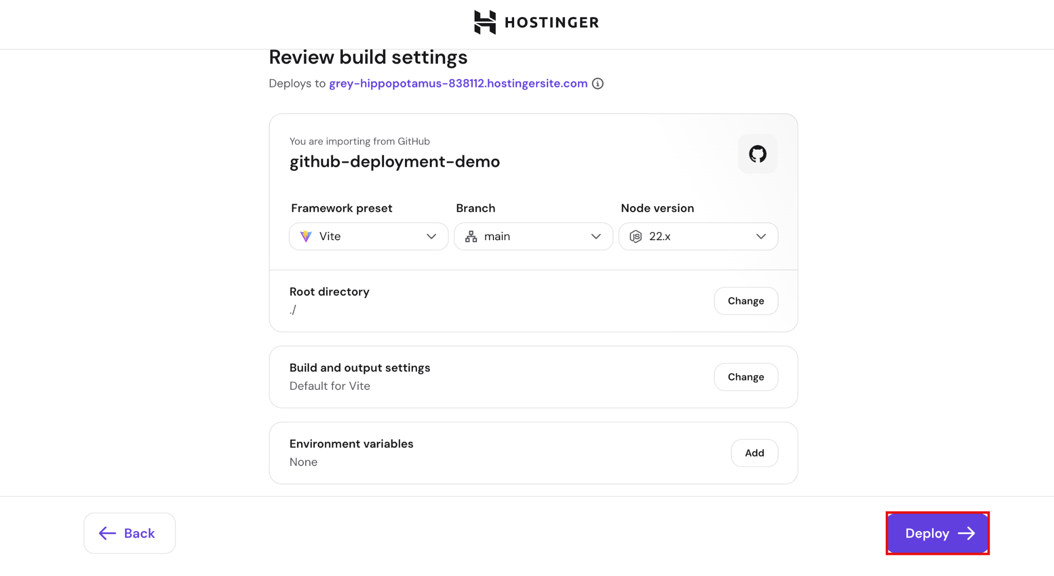 Hostinger's Review build settings display showing GitHub deployment configuration for a Vite project, alongside the Deploy clasp highlighted.