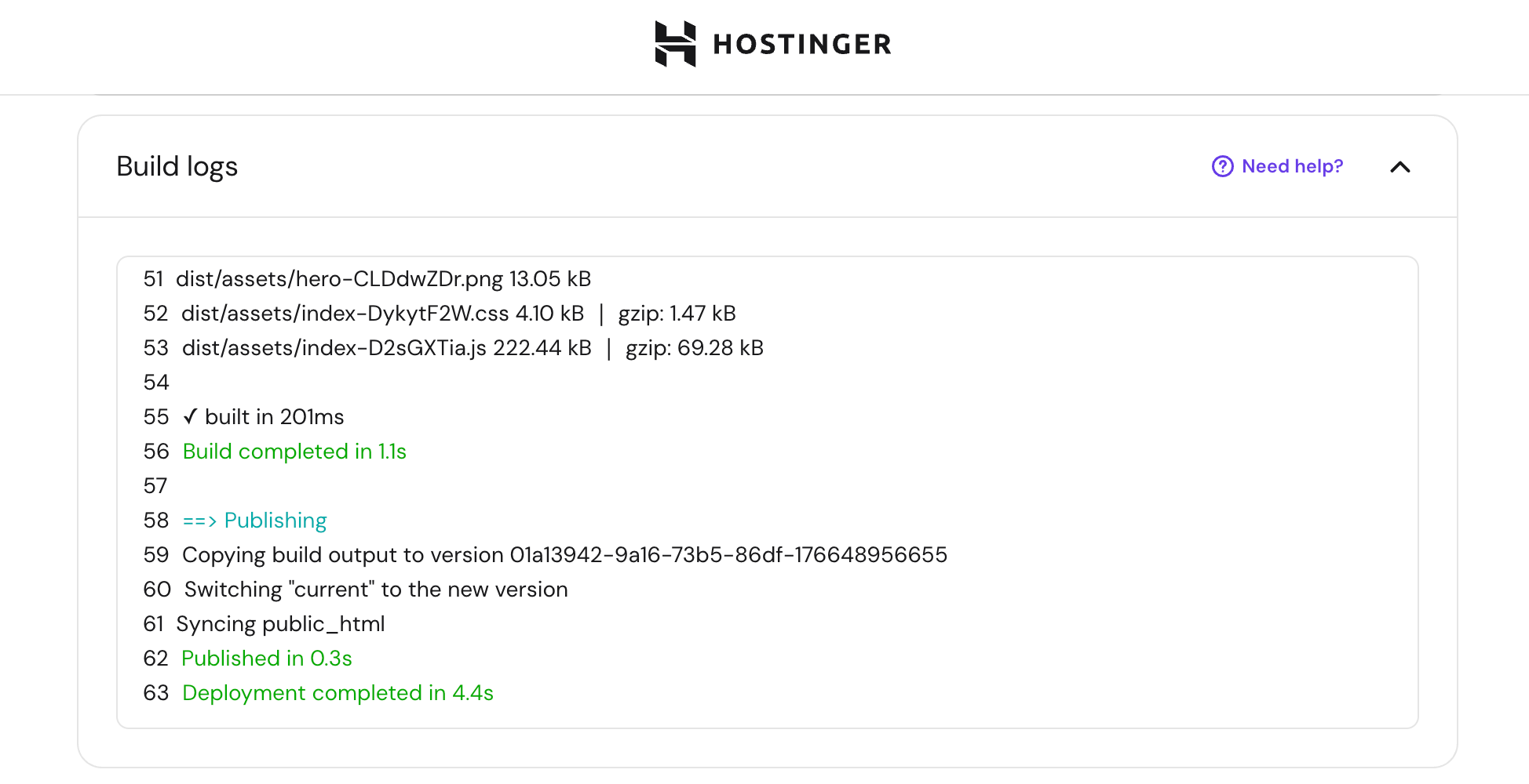 How to deploy from GitHub 8 Hostinger build logs showing a prosperous use build, publishing process, and completed deployment.