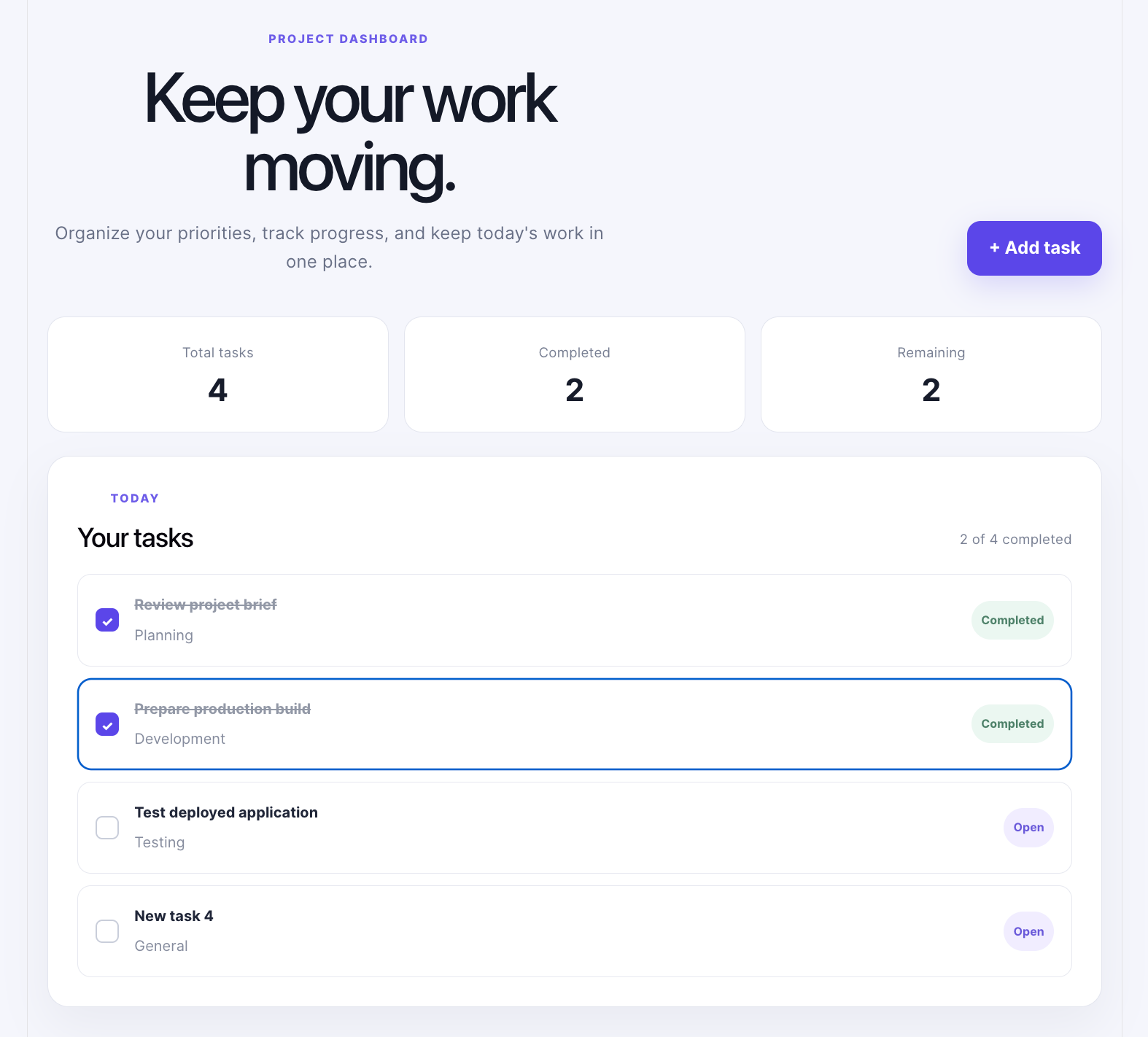 How to deploy from GitHub 9 Deployed TaskFlow use showing four tasks and two completed tasks following evaluation its interactive features.