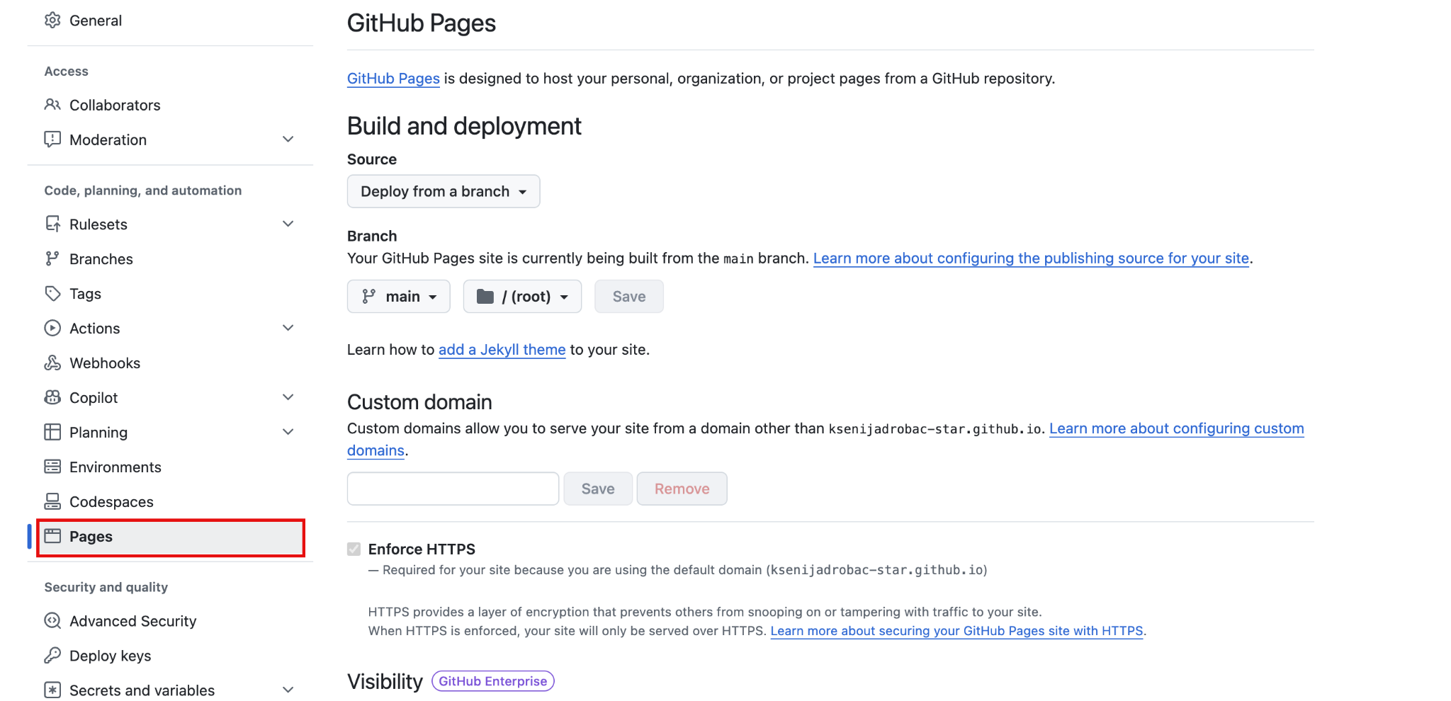 How to deploy from GitHub - 13 GitHub Pages configured to deploy from the chief branch and /(root) directory