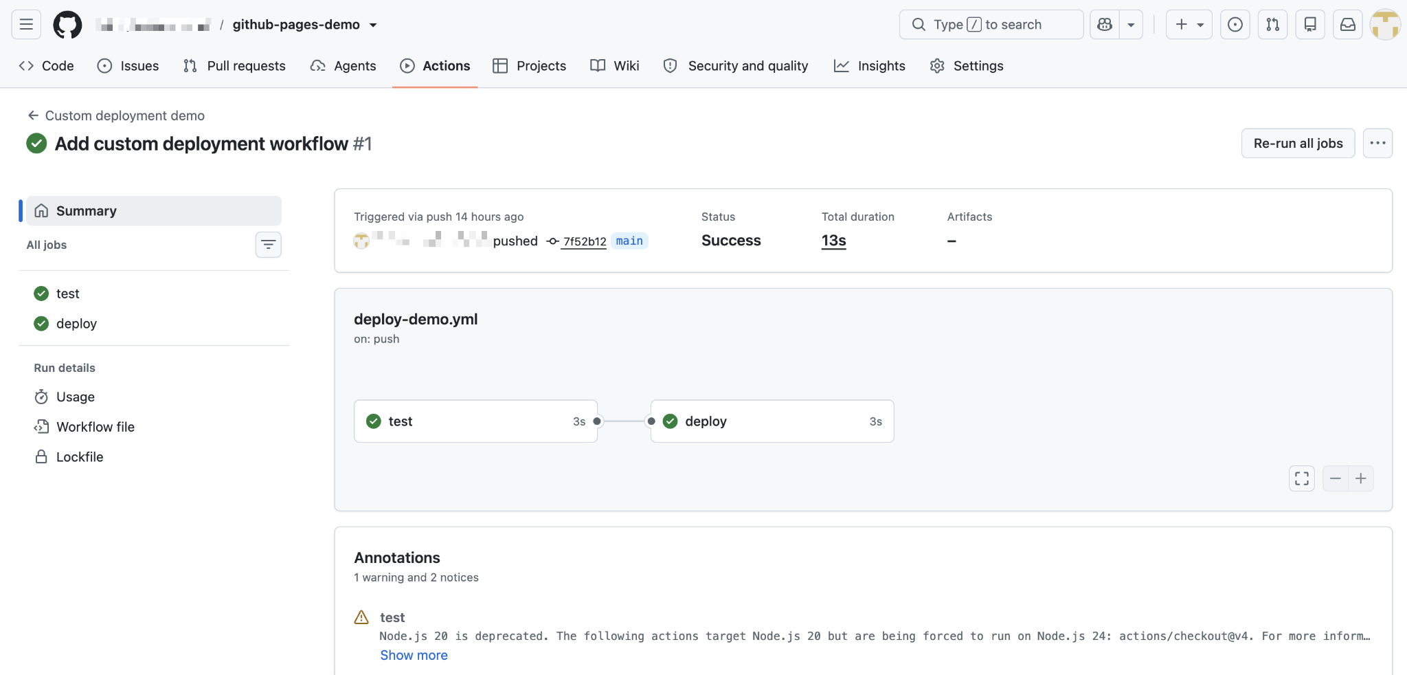 How to deploy from GitHub - 13 GitHub Actions tradition workflow showing prosperous test and deploy jobs triggered by a shove to the chief branch.