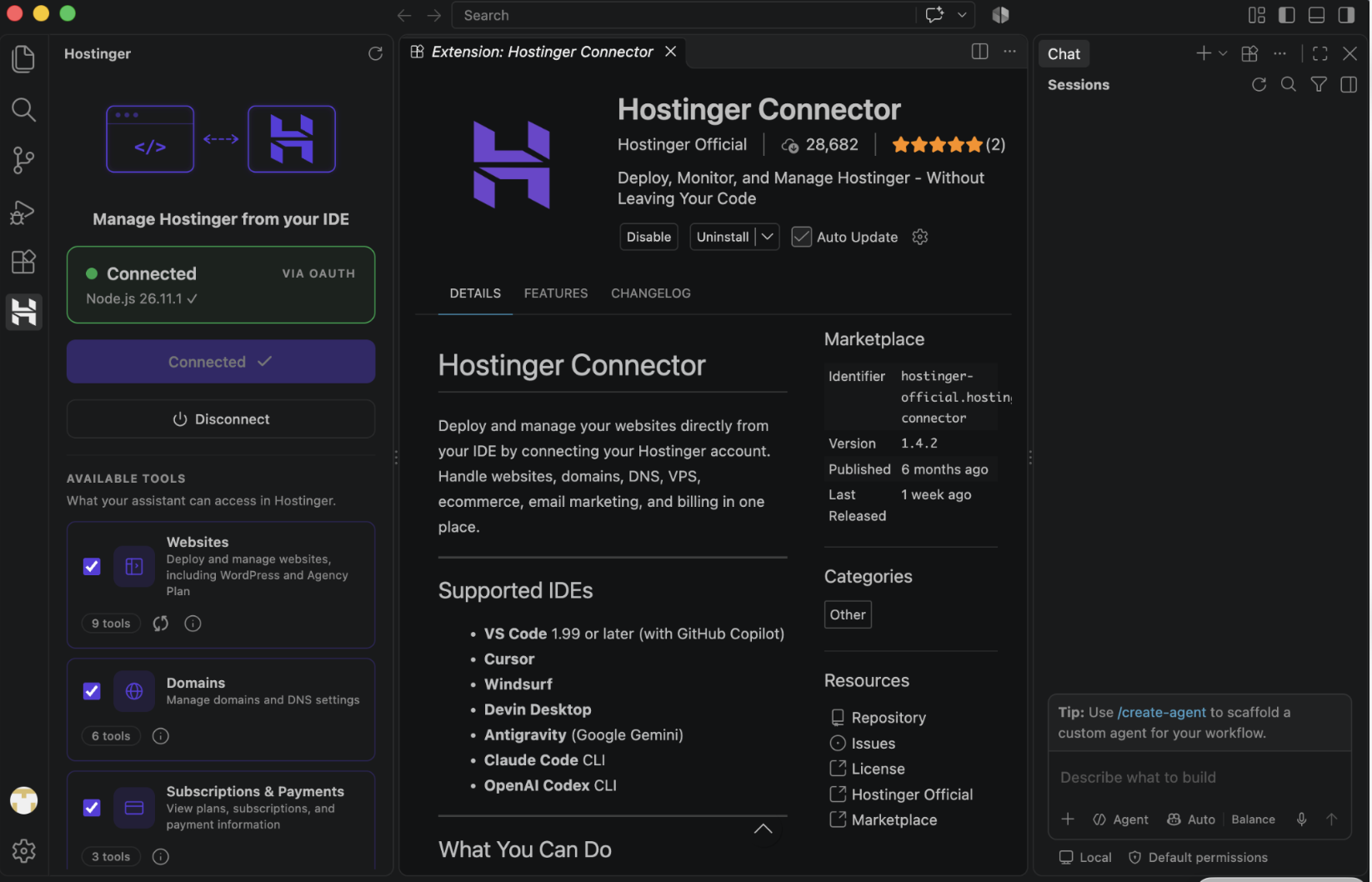 How to deploy from GitHub - 15 Hostinger Connector in VS Code connected to a Hostinger document through OAuth.