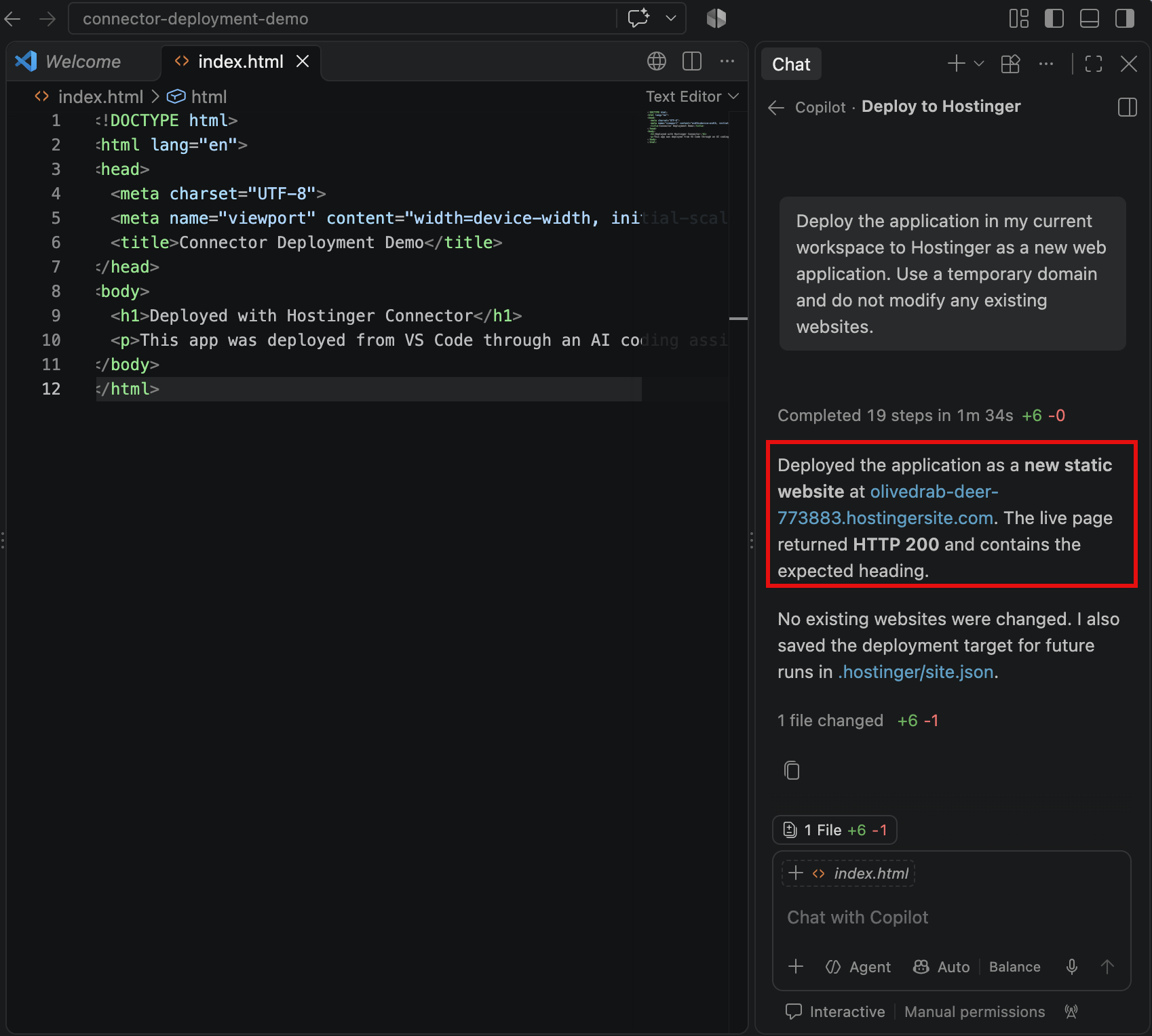How to deploy from GitHub - 16 Copilot confirming the prosperous deployment and impermanent Hostinger URL