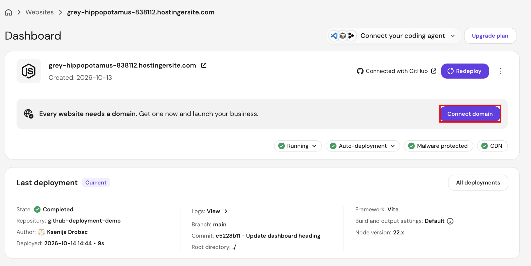 How to deploy from GitHub - 12 Web Apps dashboard showing the impermanent domain and Connect domain button.