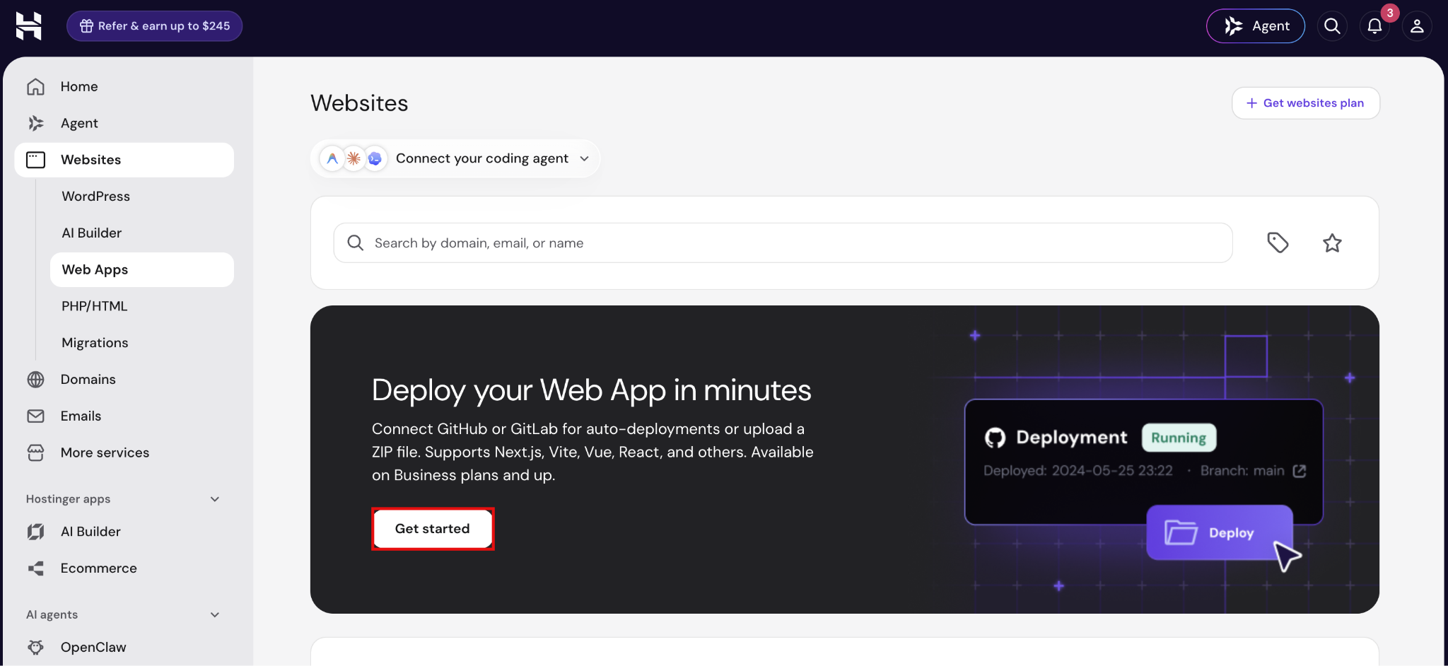 How to deploy from GitHub 3 Hostinger hPanel Web Apps leaf alongside the Get started clasp for deploying a web application.