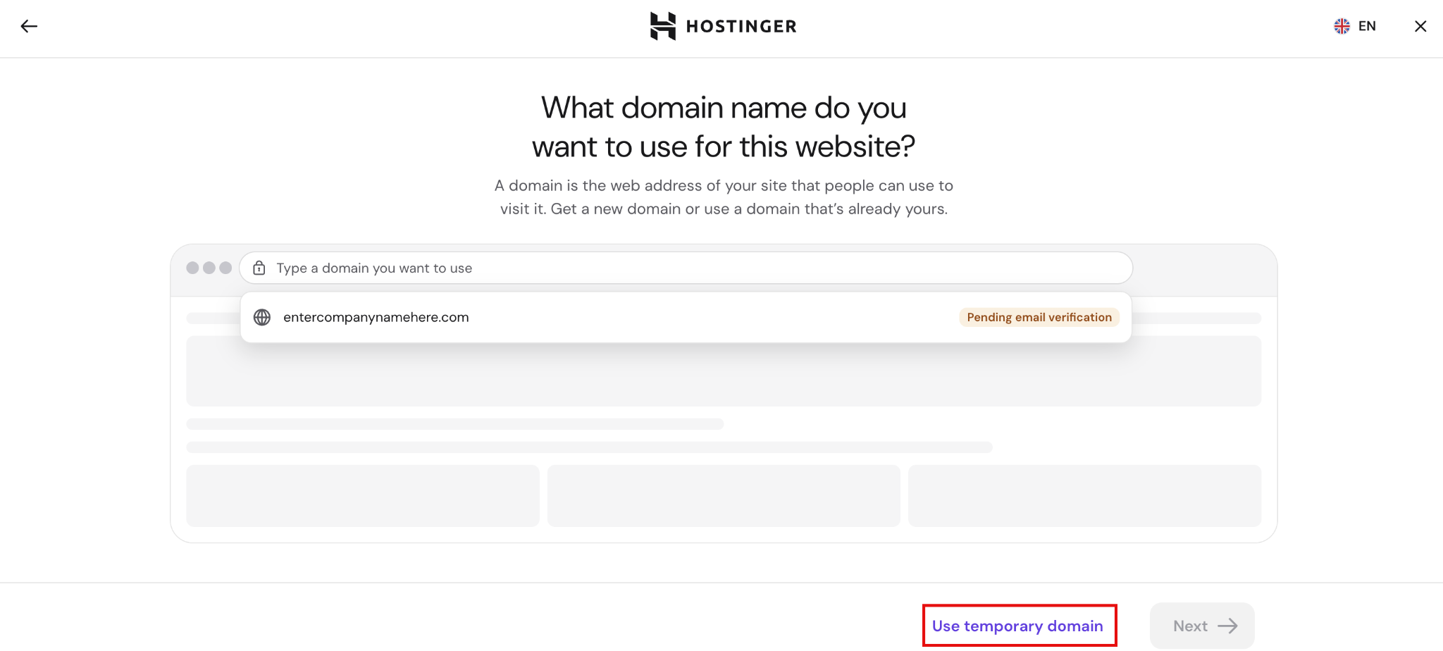 How to deploy from GitHub - 4 Hostinger domain choice display for a web app alongside the choice to use a impermanent domain.