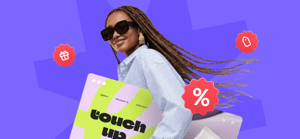 A girl holding a card, on a purple background, with icons indicating there's a discount.