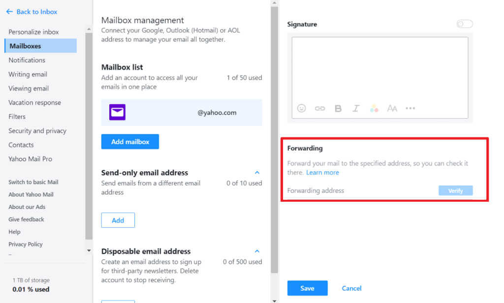 op&ccedil;&atilde;o de encaminhamento de email no yahoo