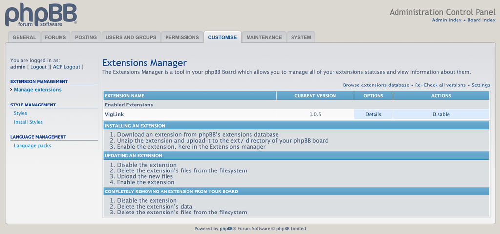 menu de extensões e estilos do PhpBB