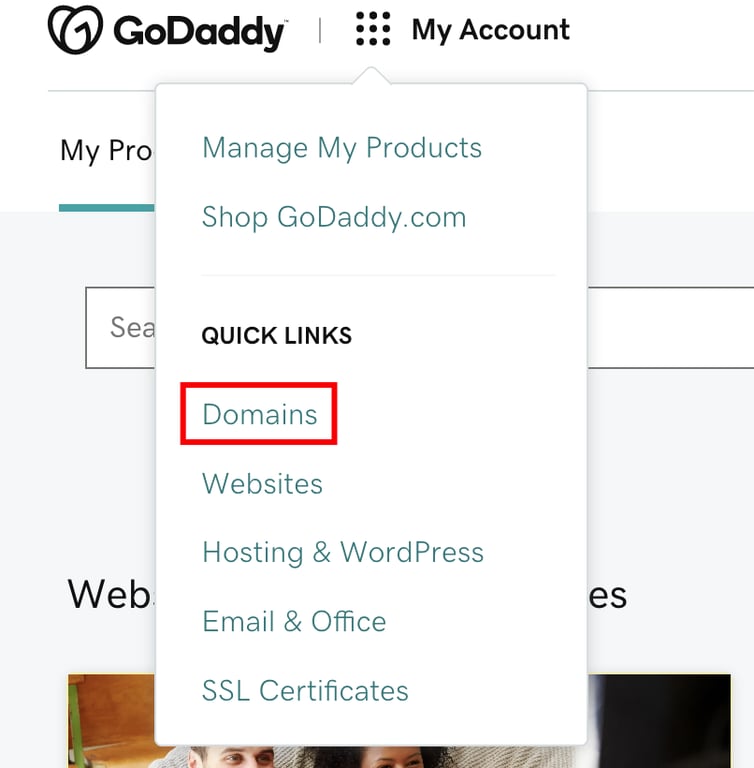 visão geral da conta godaddy com opção domínios em destaque