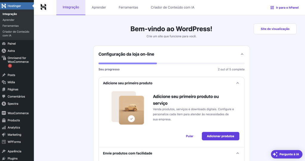 configura&ccedil;&atilde;o de loja online no assistente wordpress da hostinger