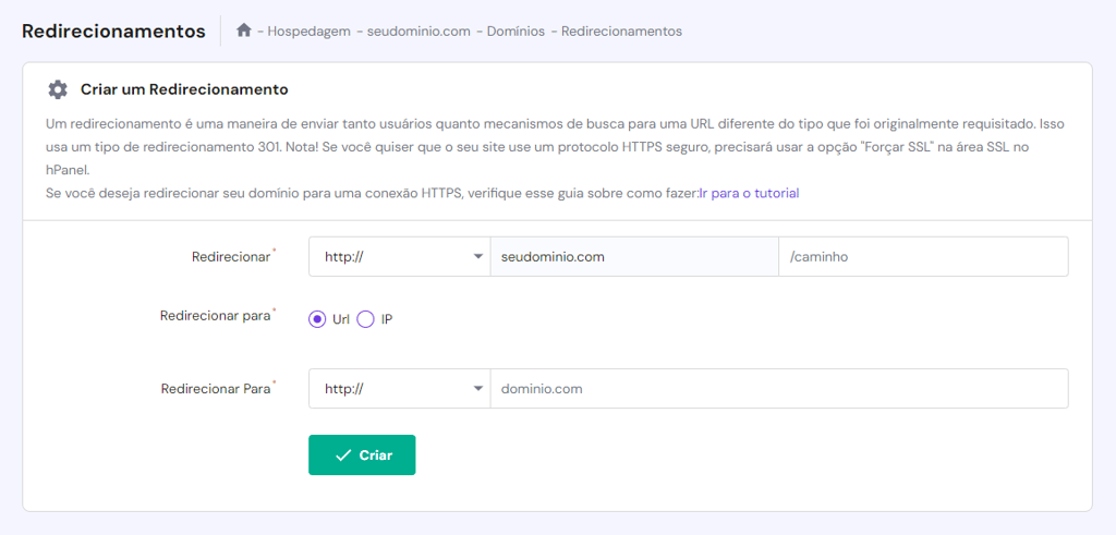 criando redirecionamento de url no hpanel