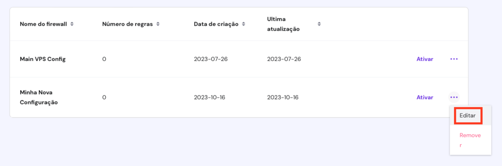 editando nova configura&ccedil;&atilde;o de firewall no hpanel