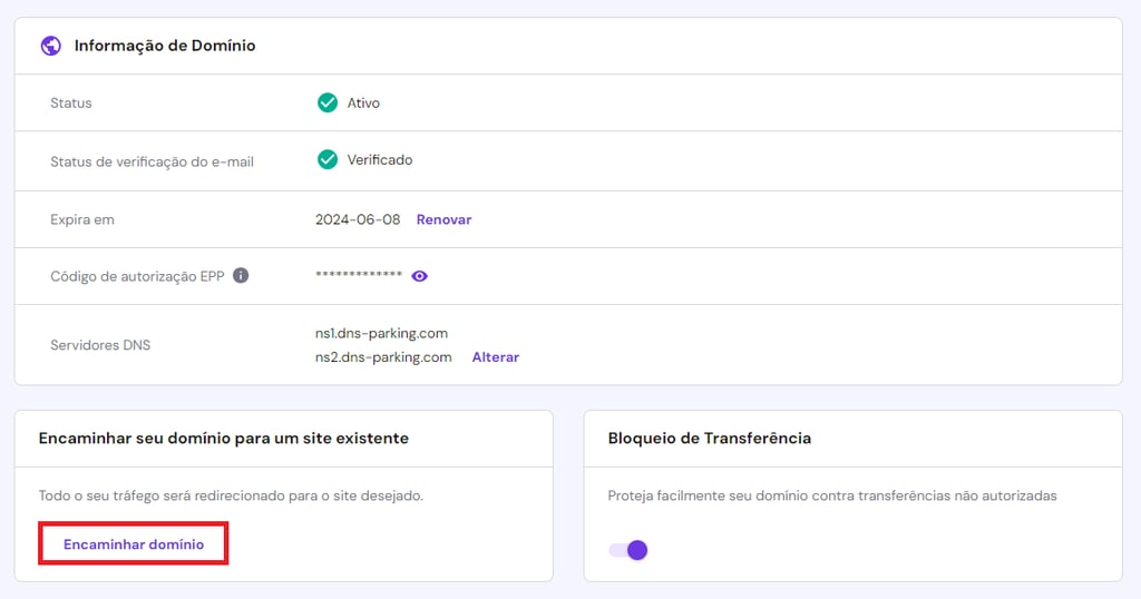 encaminhamento de dom&iacute;nio no hpanel